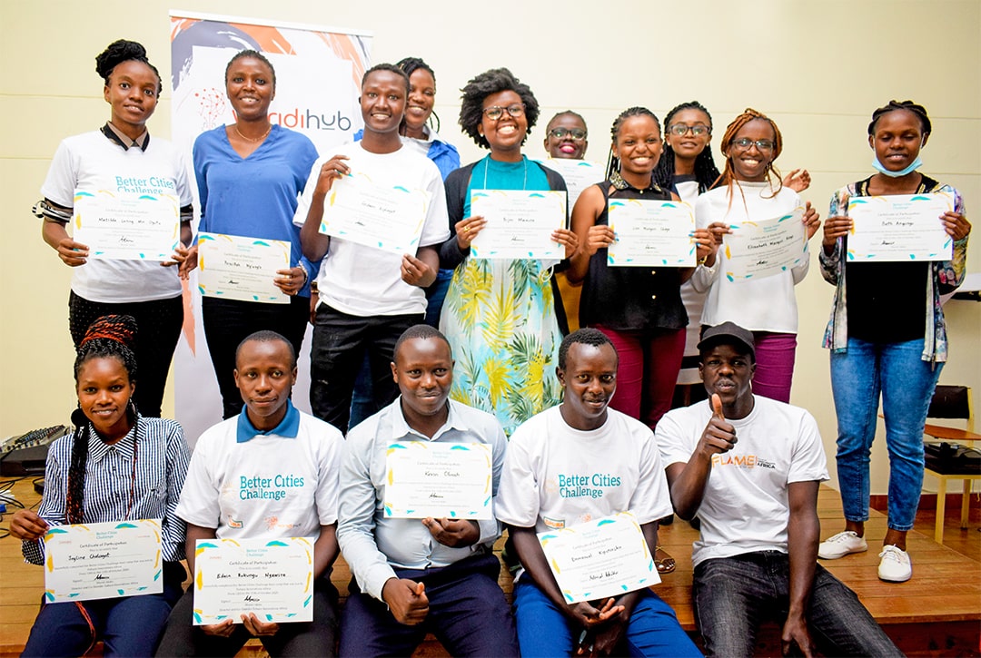 Image of Better Cities Challenge participants posing with their certificates